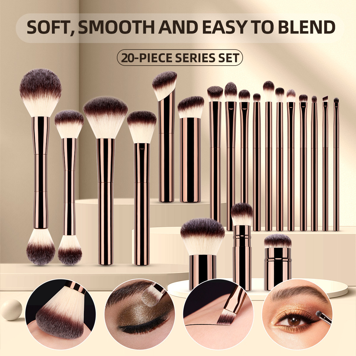 20pcs Makeup Set Professional Foundation Blush Eyeshadow Brush Crease Concealer Eyebrow Powder Blending Dark Bronze Metal Handle Beauty Tools