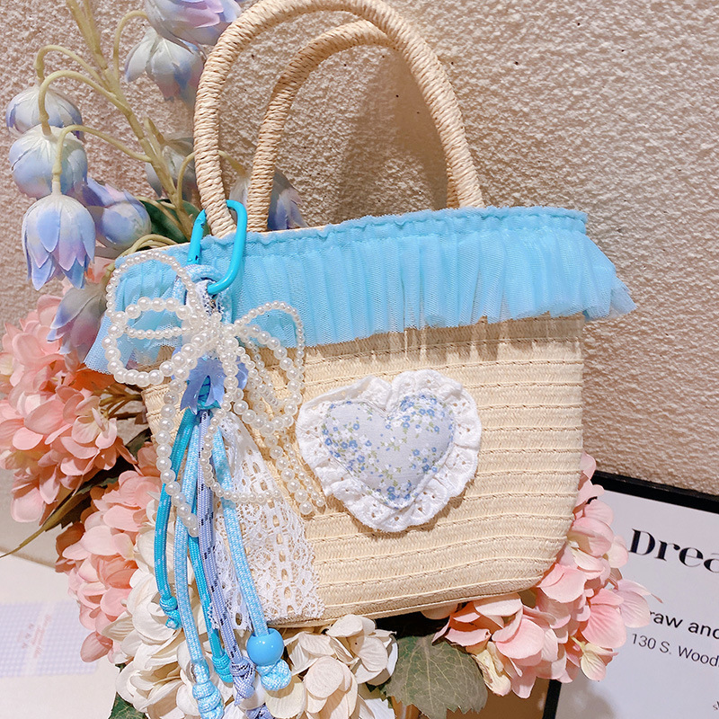 2025S designer ocean blue lace woven women beach vacation style handbag bucket bag