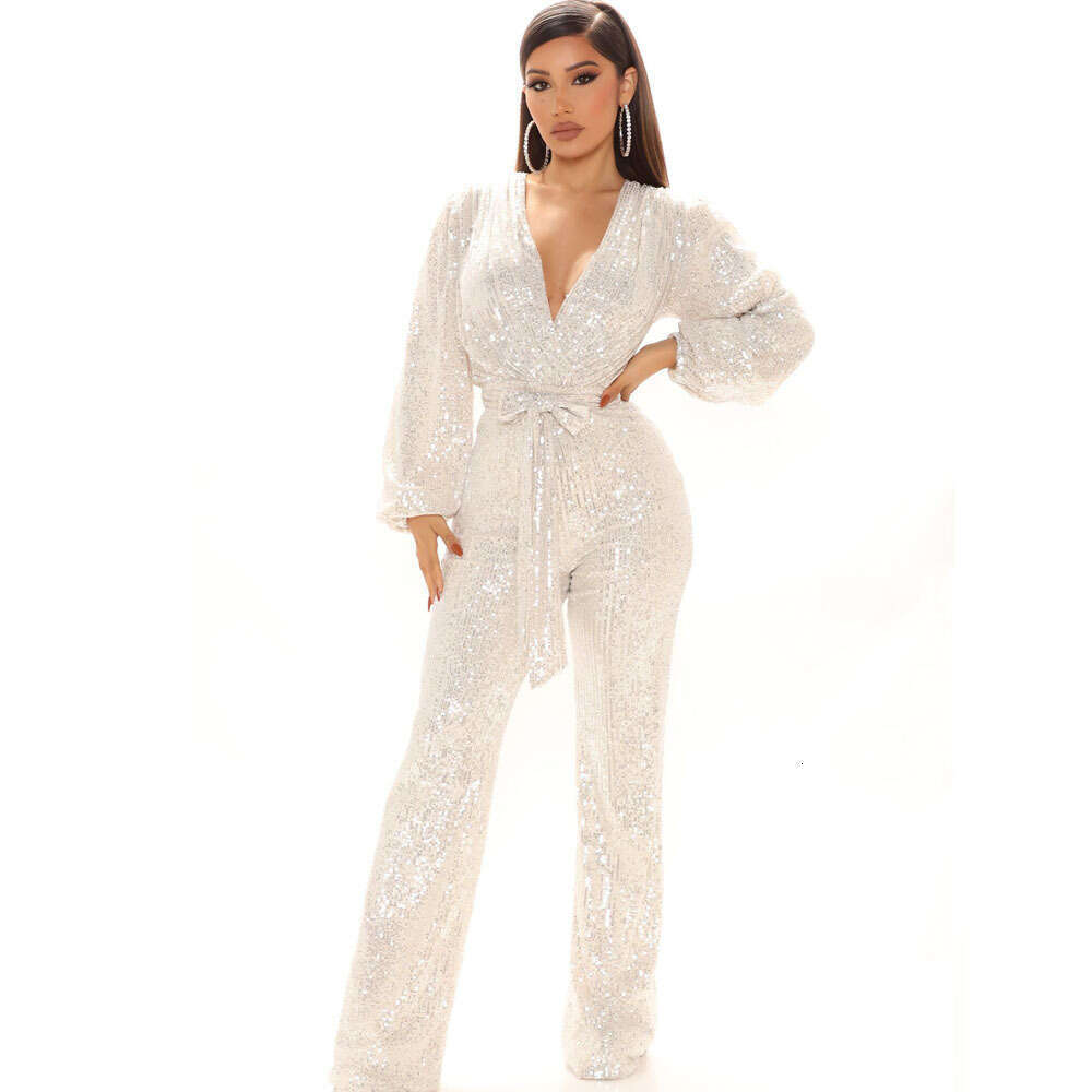 Wide Leg Jumpsuit Autumn High End Women S Sequin Deep V Neck Long Sleeved Jumpsuit