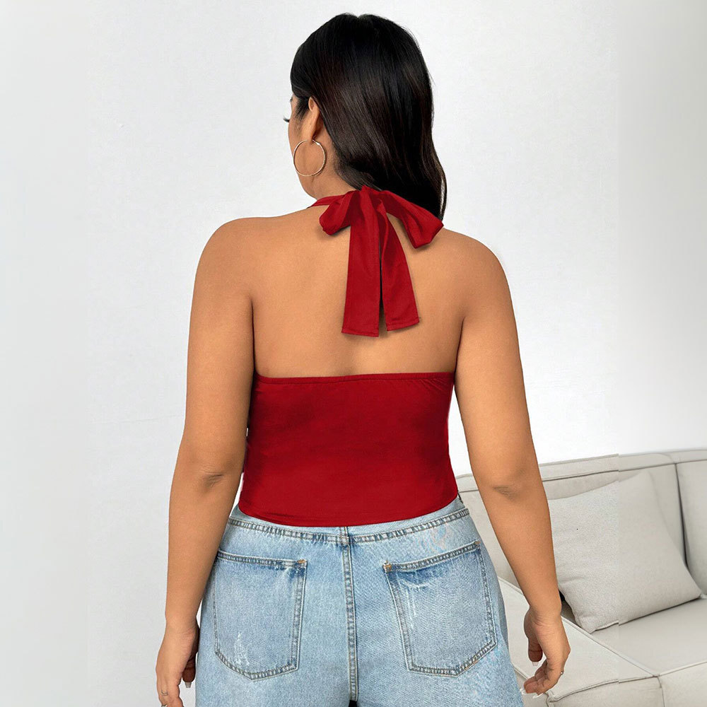 Large Size Womens Clothing 2025 Spring/summer New Style Sexy Wine Red Vest Short Style Backless Hanging Neck Top