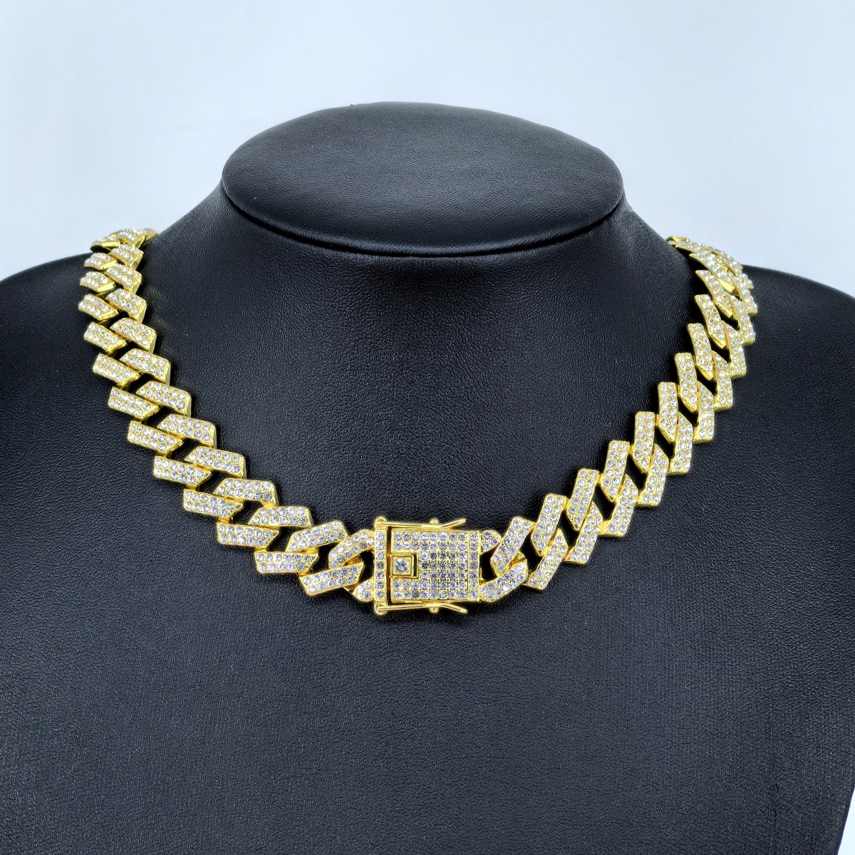 New 15mm Cuban Chain with Diamond Full Pave Hip Hop Necklace, Heavy Duty Gold/Silver Plated Cross-Border Jewelry