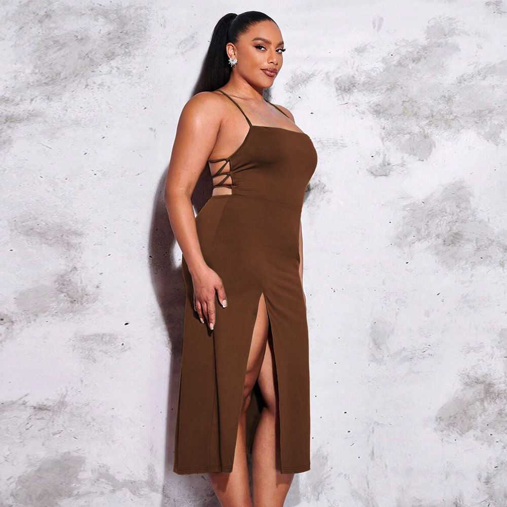 Large Size Womens New Sexy Backless Slit Waist Bag Hip Solid Color Suspender Dress