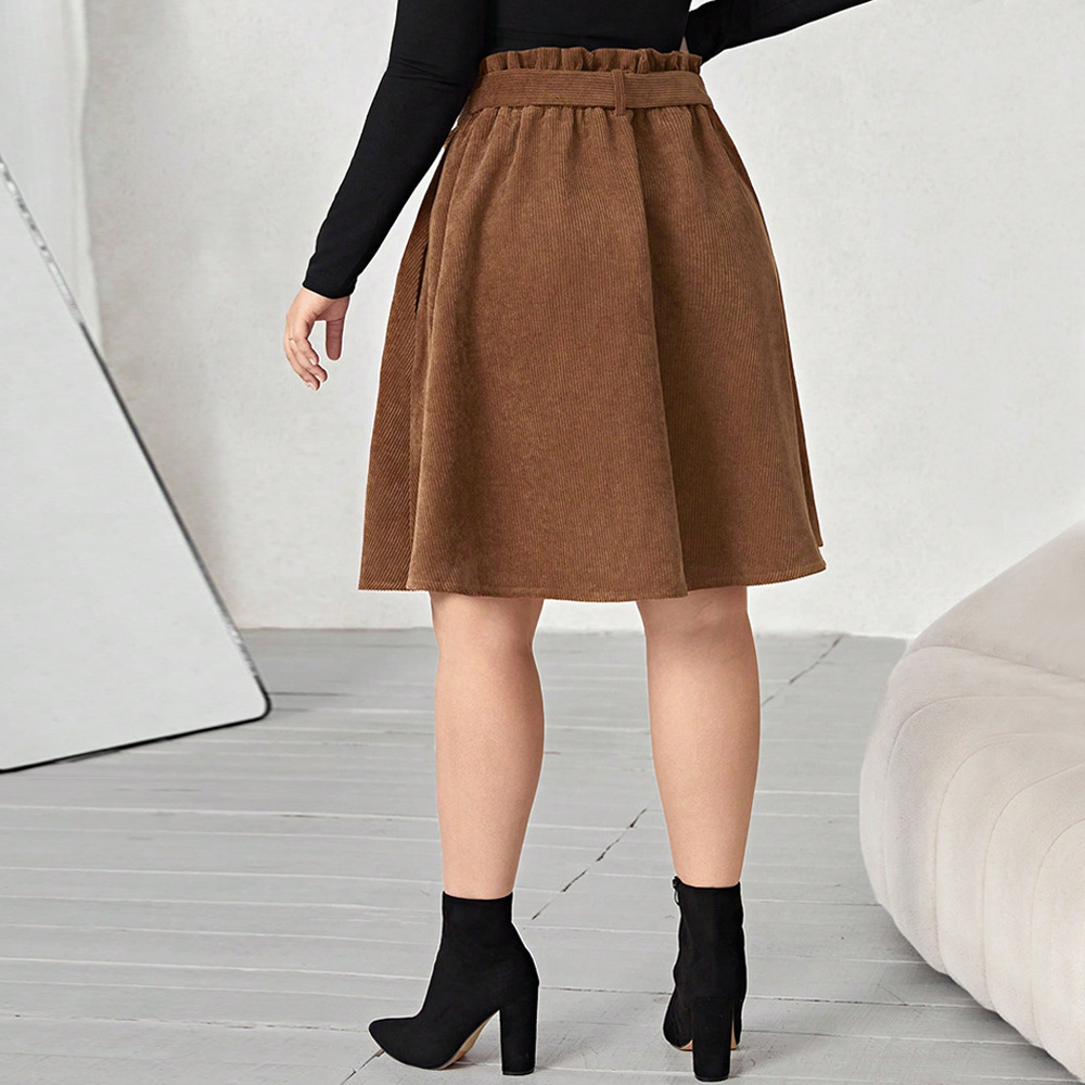 Oversized Womens A-line Umbrella Skirt Looks Slim High Waist Casual Lace Up Corduroy Half Length Skirt