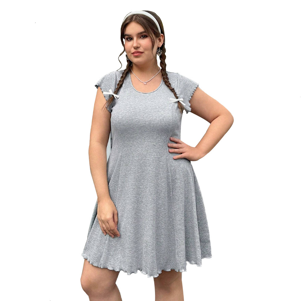 Large Size Womens New Fashion Simple Solid Color Round Neck Black Fungus Edge Short Sleeved Mini Dress