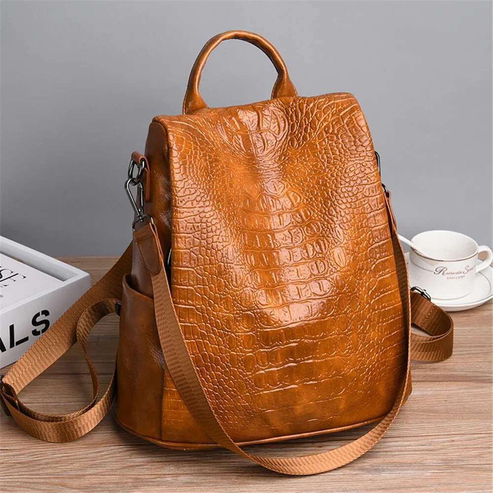Female Crocodile Pattern Real Pu Leather Anti-Theft Backpack Travel Back Pack Women Shoulder Bags Sac A Dos Femme
