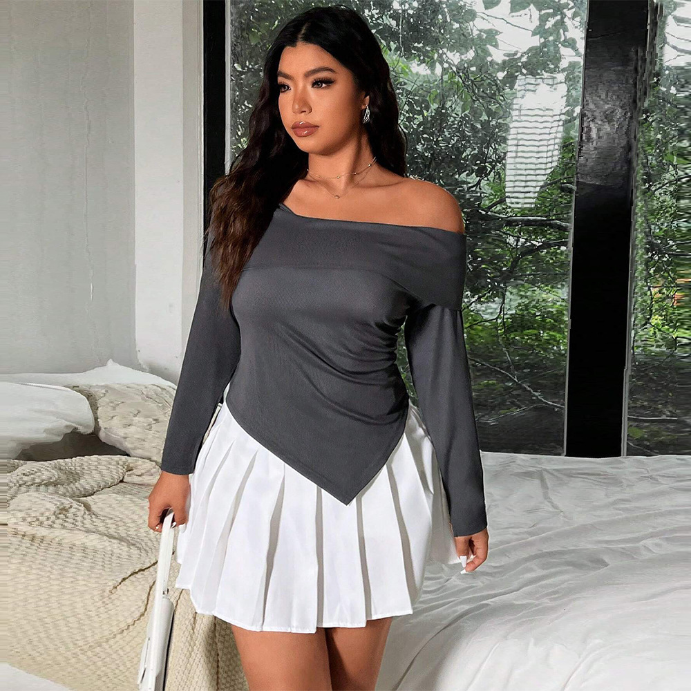 Large Size Womens Mature Pure Desire T-shirt Autumn and Winter Off Shoulder Sexy Design Short Top