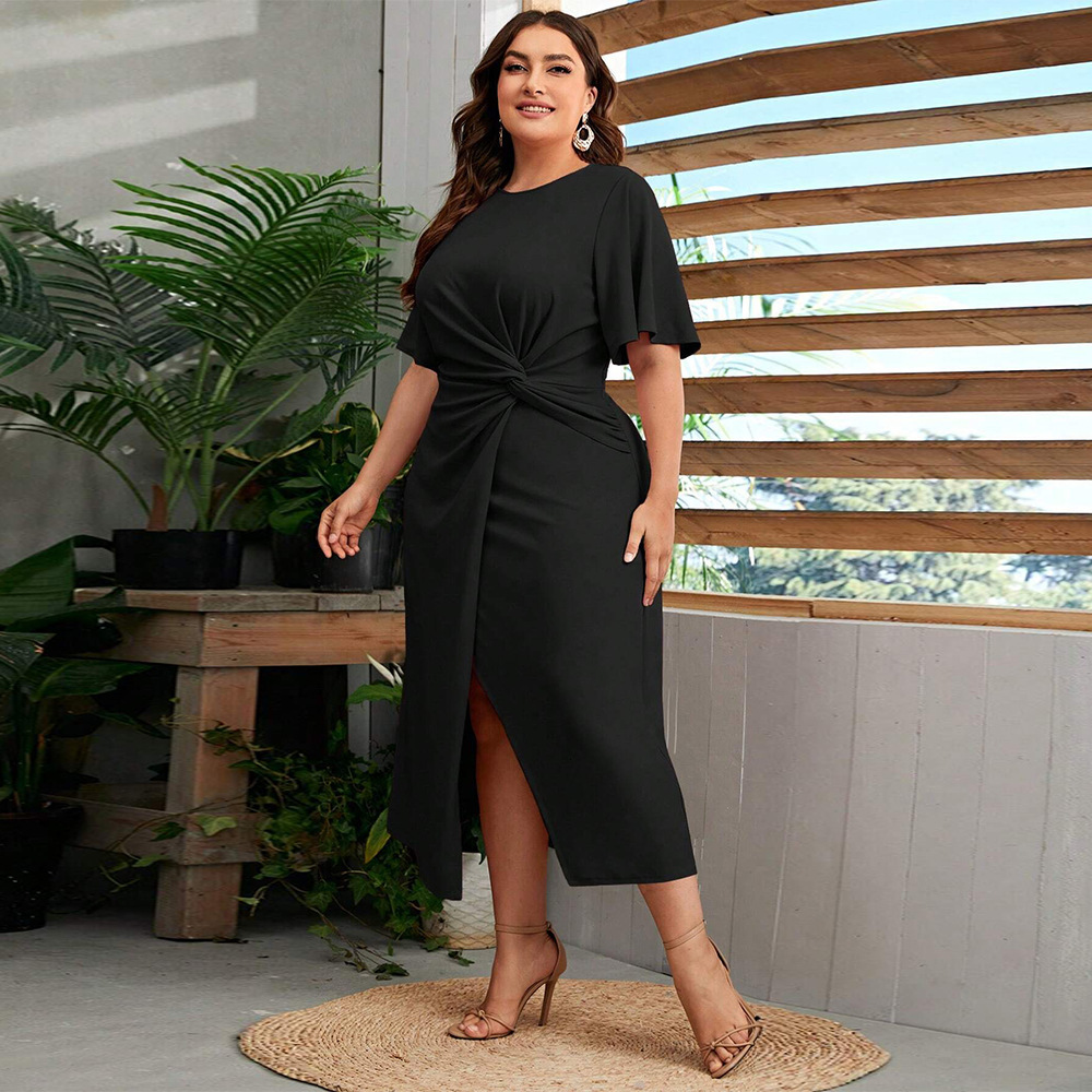 Large Size Womens Round Neck Pleated Dress with Elegant Summer Style and Versatile A-line Mid Length Skirt