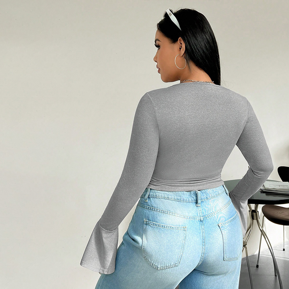 Autumn and Winter Plus Size Womens V-neck Long Sleeved T-shirt Pure Desire Temperament Slimming Short Top