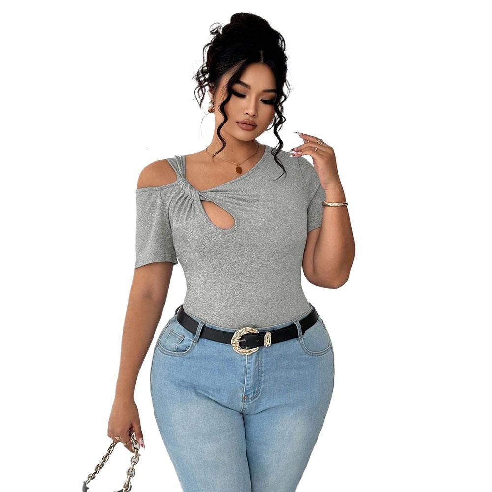 2025 Summer New Large Womens Fashion Simple T-shirt Twisted Design Irregular Short Top