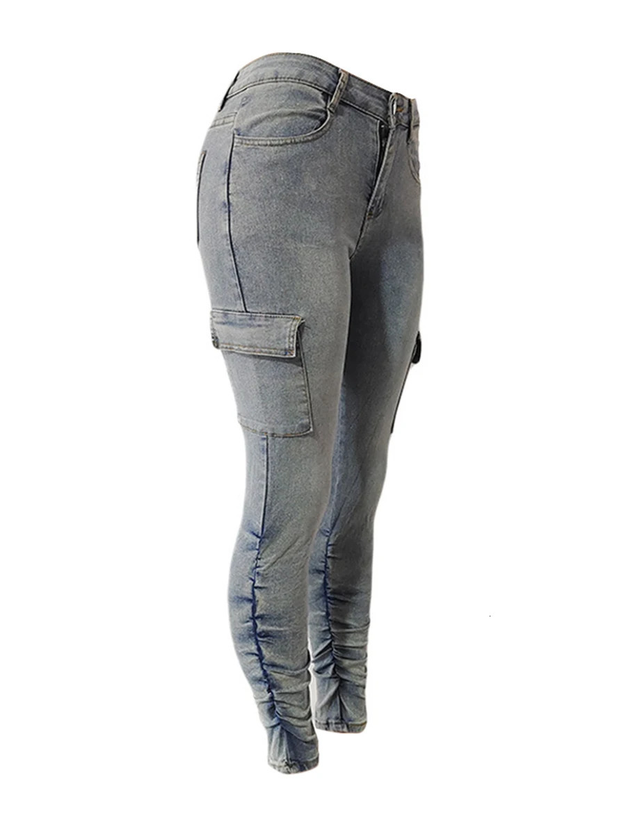 LW Plus Size High Waist Side Flap Pocket Cargo Jeans Women Zipper Ruched Jeans Causal Skinny Long Trouser 250515