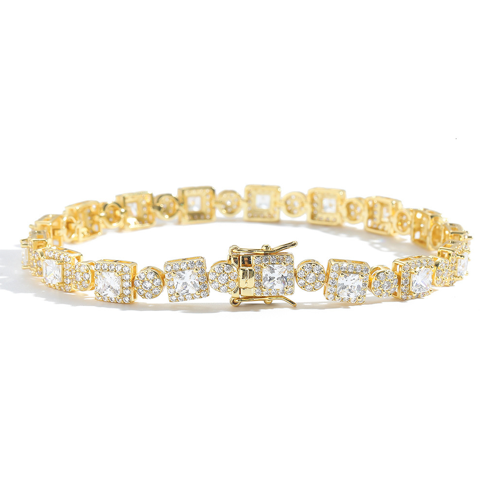 Bling Unisex Square Round Mixed Tennis Bracelet With Copper Prong Cubic Zirconia 14K Gold Hip Hop Iced Out Gemstones Chains Wristband Wolf Tide Jewelr