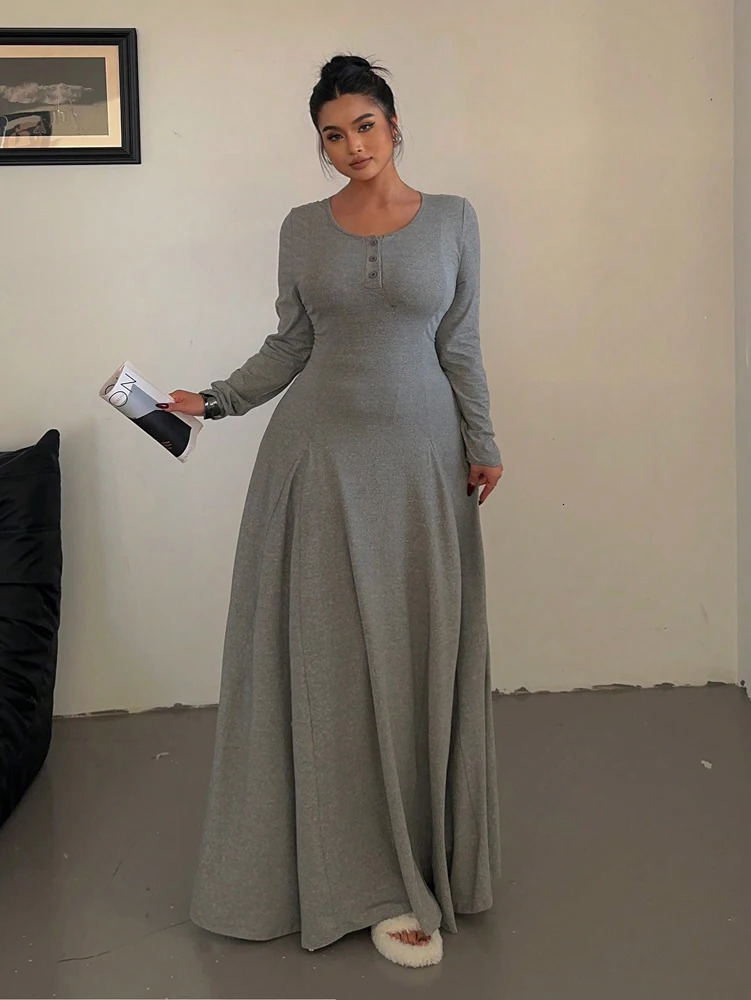 Plus size Solid colour Knitted Elegant Waist Slim A-line Draped dress long womens polyester 2025 Summer 250515