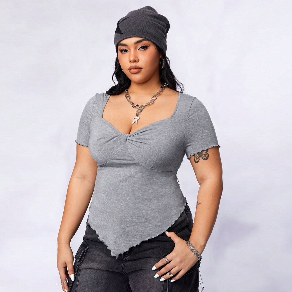 Large Size Womens Square Neck Slim Fit and Slimming Irregular Knitted Short Sleeved T-shirt Top