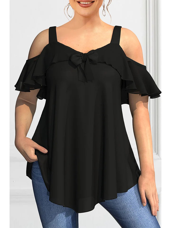 Womens Summer Solid Color Ruffles Short Sleeve Casual Tshirt Fashion Vneck Off The Shoulder Sling Plus Size 2024 250514