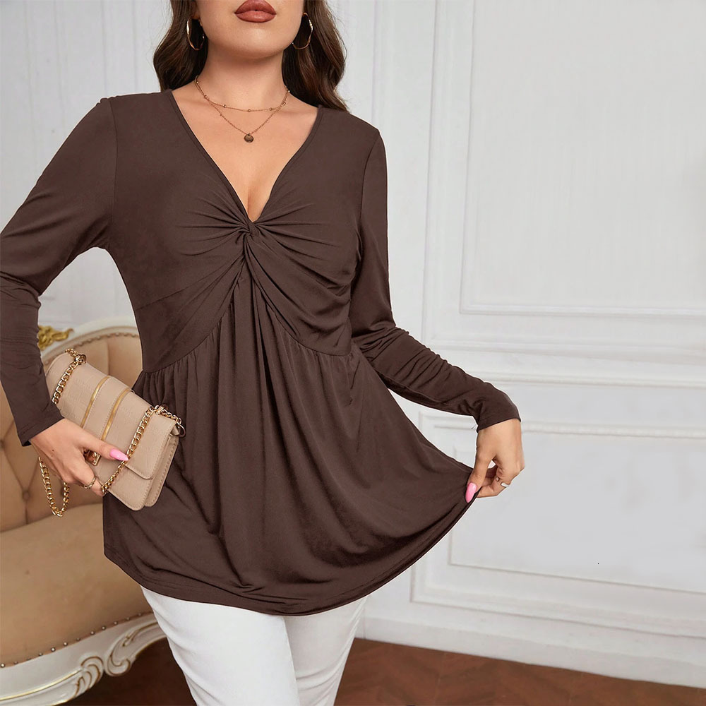 Plus Size Womens Temperament Waist Cinched Knitted Base Shirt Elegant Commuting V-neck Sexy Top
