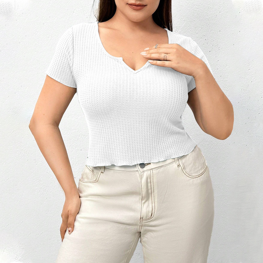 Plus Size Womens Waffle Breathable Slim Fit Temperament Solid Color T-shirt Top