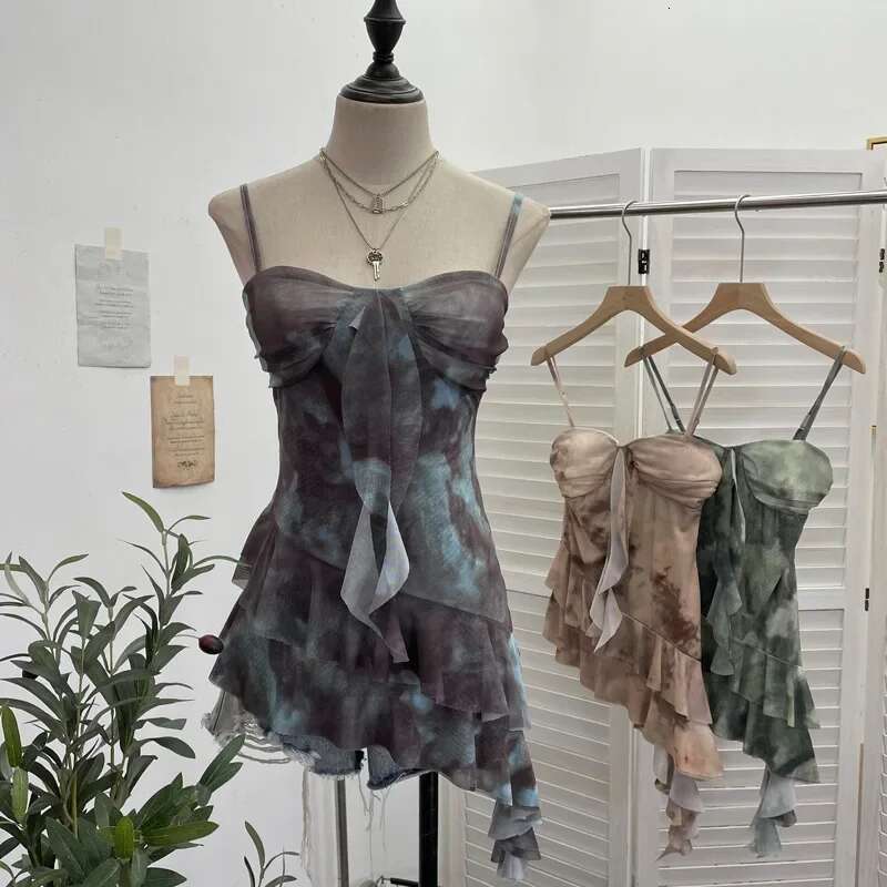 New Women's Smudged Mesh Spaghetti Strap Camisole With Breast Pads Irregular Ruffled Top Y2k Essential Streetwear Outfits 1139