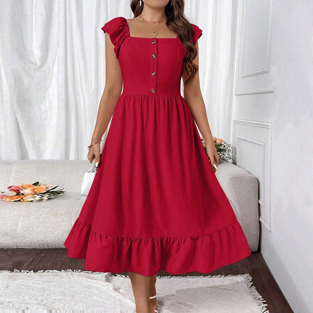 Large Size Womens French Square Neck Small Fly Sleeve Dress Summer New Style Vacation Red Dress for Women