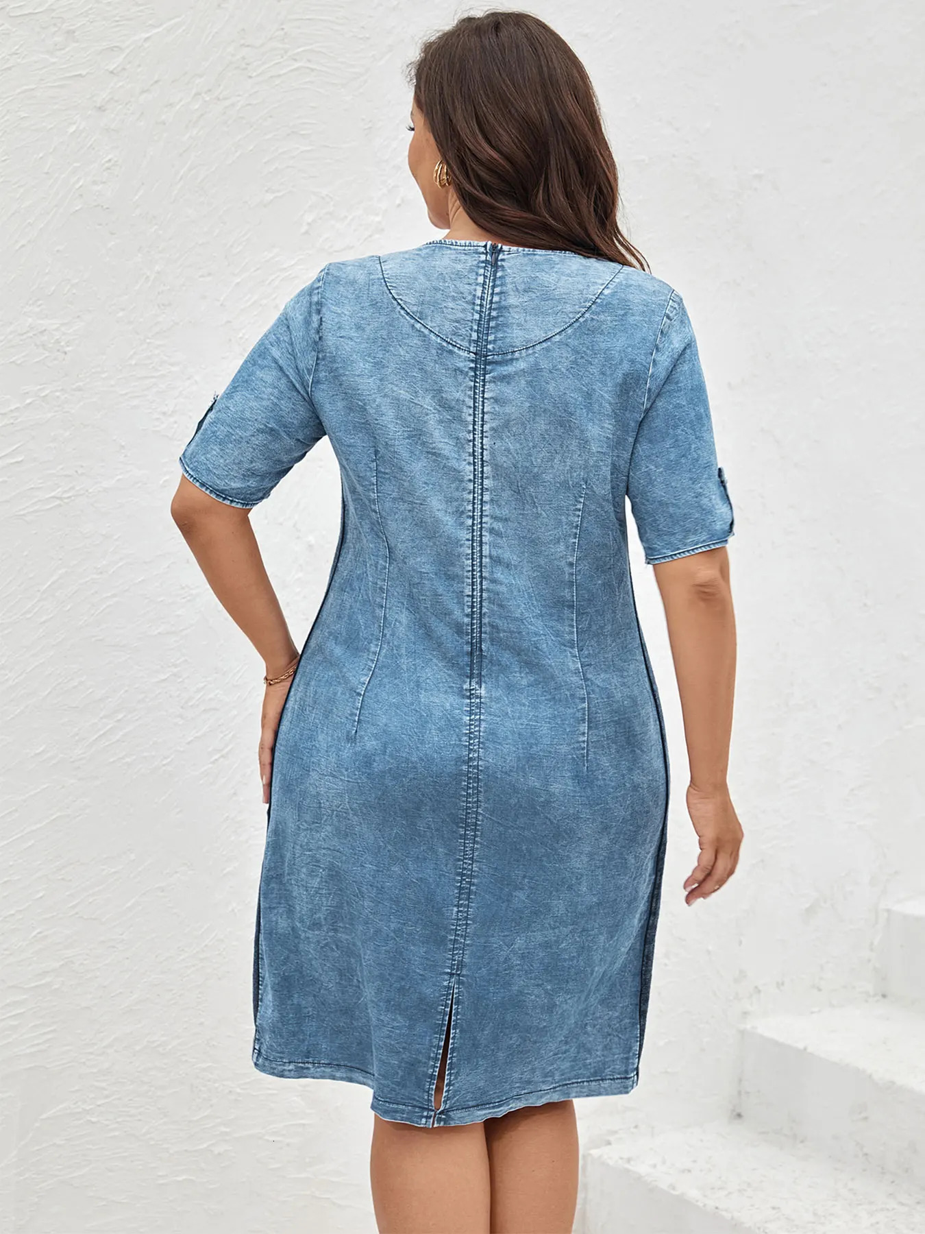 LIH HUA womens plus size denim dress summer slim fit casual cotton short sleeved 250506