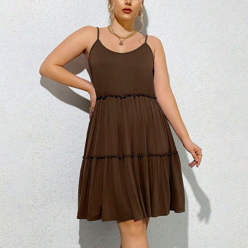 Large Size Womens Elegant Style U-neck Dress Summer New High Waisted Pullover Solid Color Mid Length Skirt