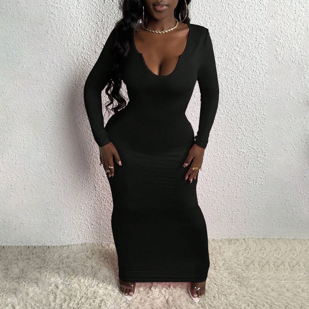 Spring/summer New Fashionable Elastic Sexy U-neck Low Cut Slimming Hip Hugging Dress for Women