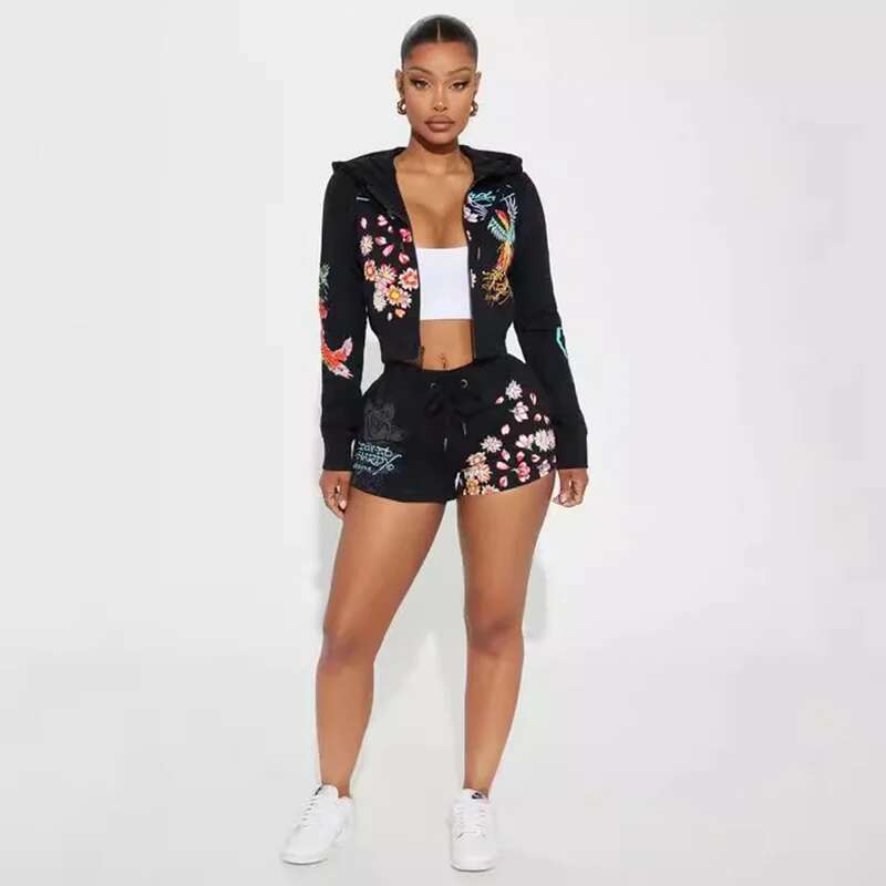 Sifreyr Street Printed Fashionable Casual Versatile Shorts Set Hooided Long Sleeved Zipper Cardigan Jacket High Waist Suit