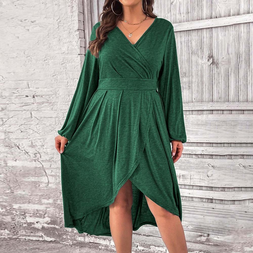 Large Size Womens Elegant Style Dress Autumn and Winter High Waisted A-line V-neck Mid Length Dress