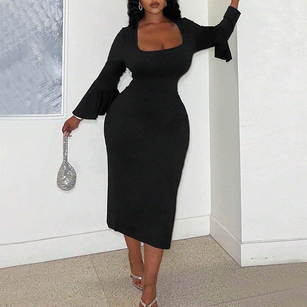 Plus Size Womens Sexy and Elegant Dress Autumn and Winter Square Neck Ruffle Sleeves Slim Fit Mid Length Skirt