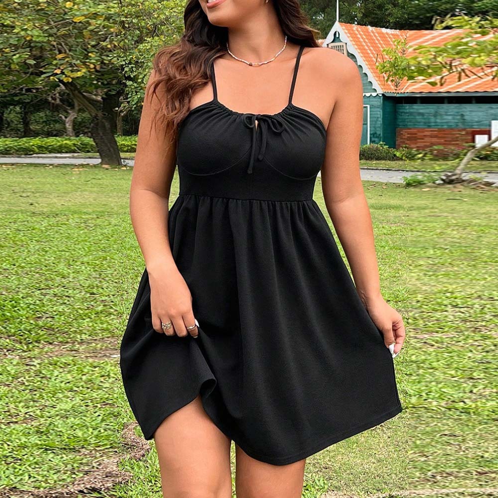 Large Size Womens Sexy Style Camisole Dress Summer New Style Pleated Lace Up A-line Skirt