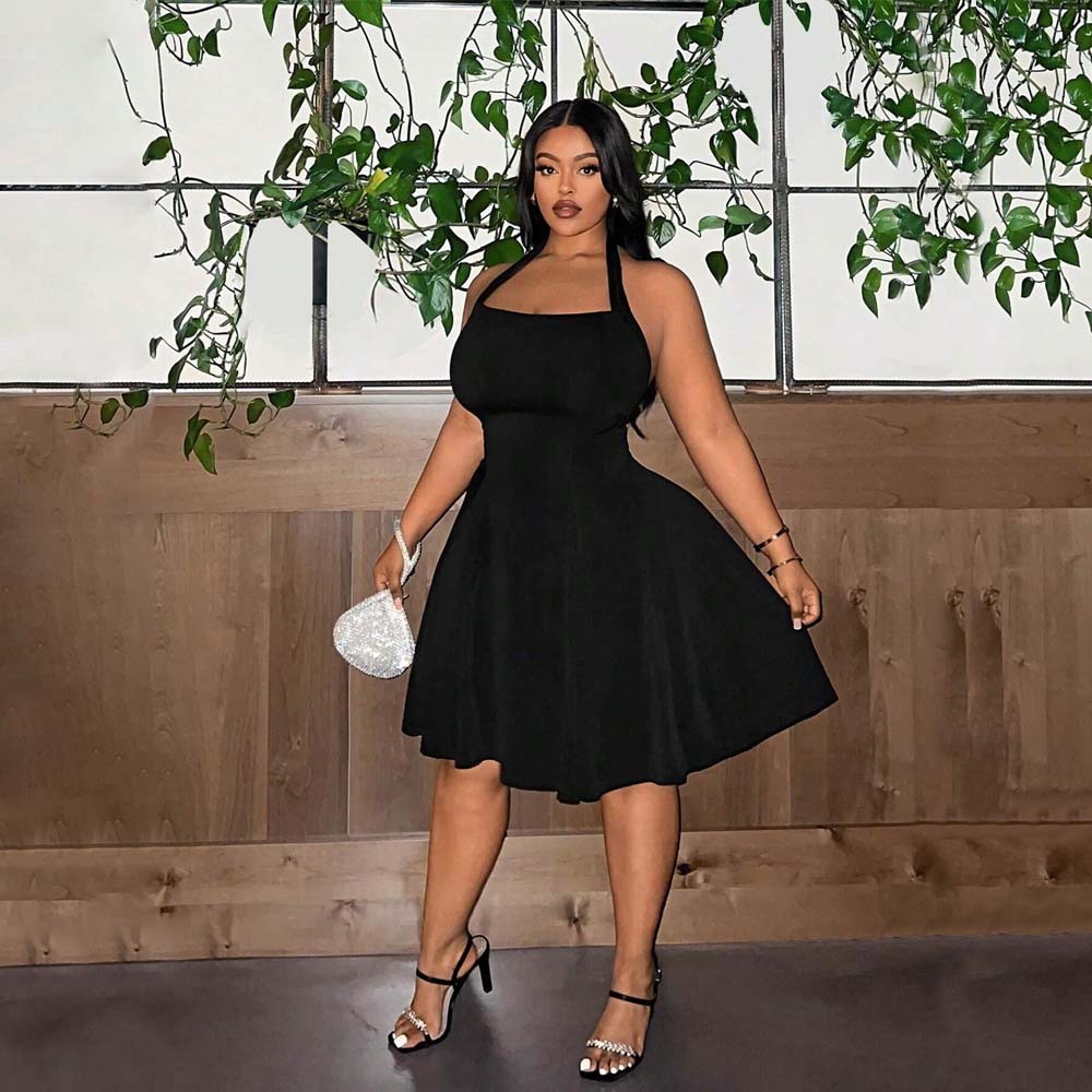 Large Size Womens Square Neck Hanging Neck Dress with a Sense of Luxury and Temperament Waist Cinching A-line Slimming Short Skirt