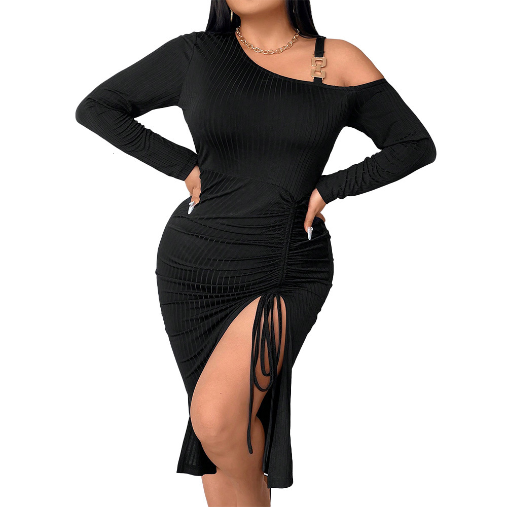 Large Size Womens Off Shoulder Diagonal Collar Long Sleeved Slimming Drawstring Irregular Hip Hugging Sexy Dress