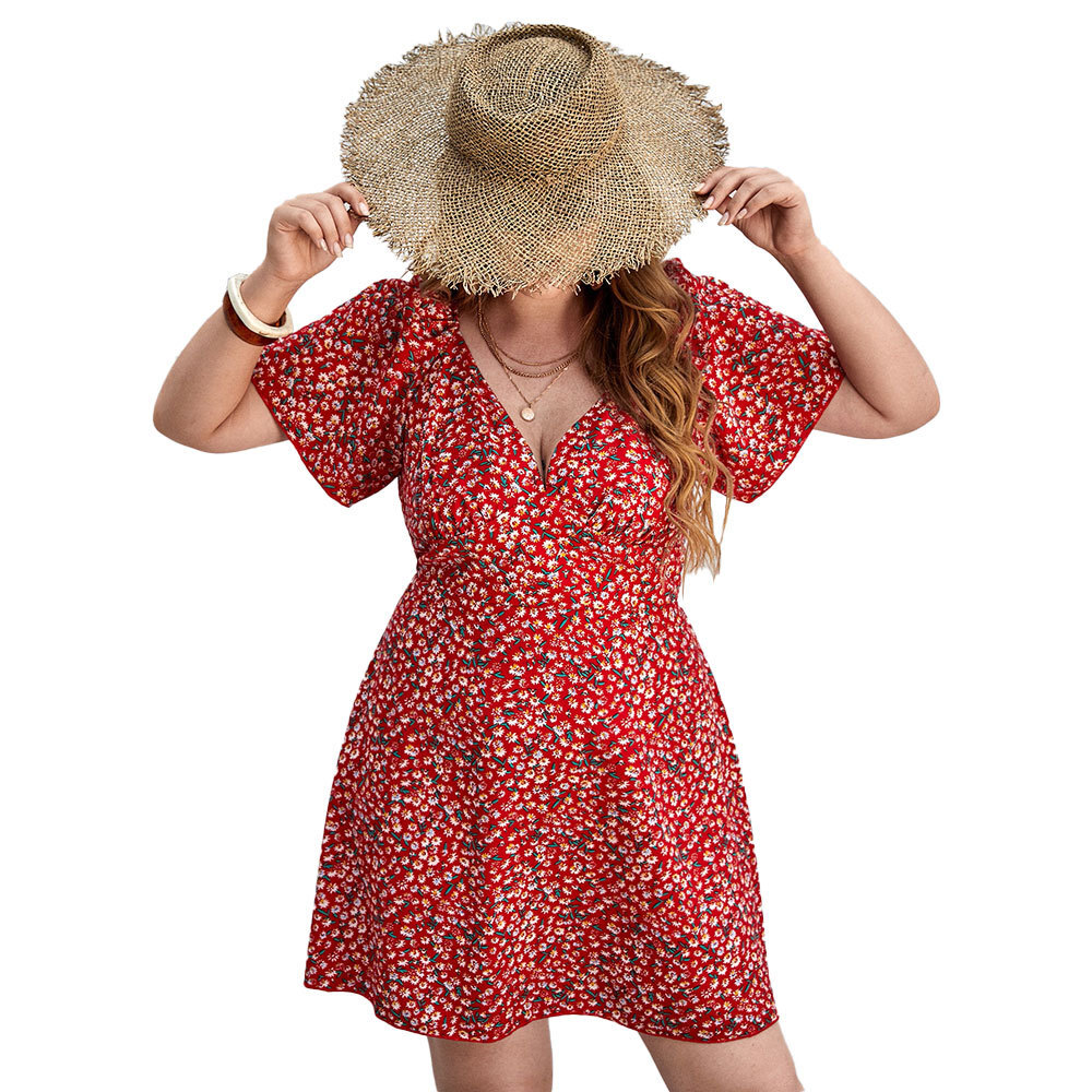 Plus Size Womens Spring and Summer Sexy V-neck Small Floral Beach Vacation Home Casual Dress