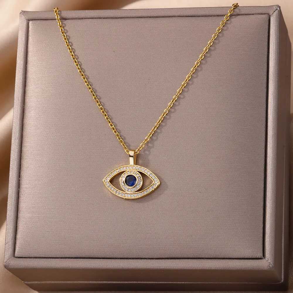 Zircon Blue Evil Eye Necklace for Wen Gold Color Stainless Steel Turkish Eye Pendant Necklaces Lucky Jewelry Gift necklace women X250516