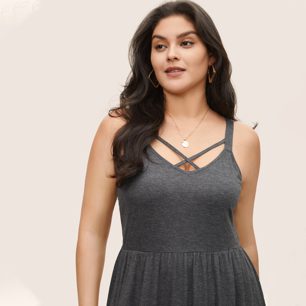 Plus Size Womens Loose Casual Vacation Waist Cinched Pocket Camisole Long Skirt Dress