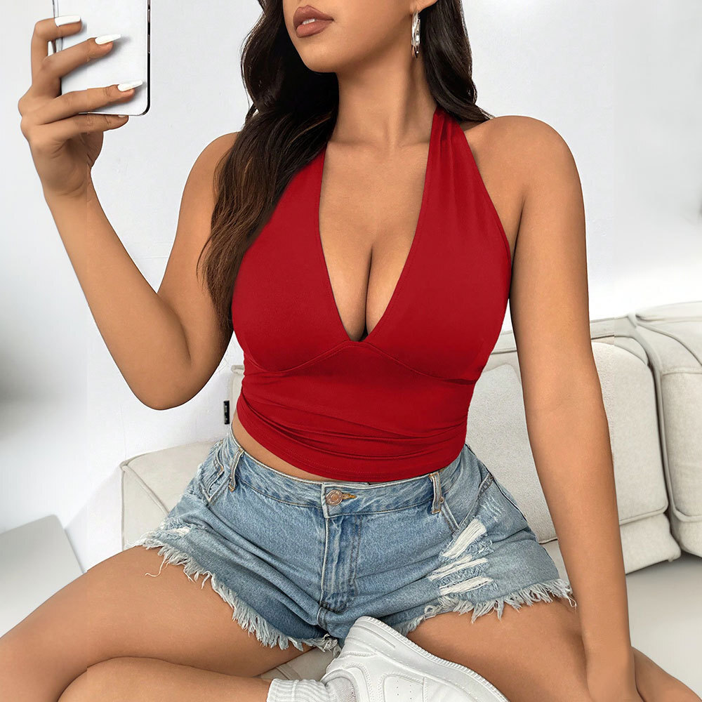 Large Size Womens Clothing 2025 Spring/summer New Style Sexy Wine Red Vest Short Style Backless Hanging Neck Top