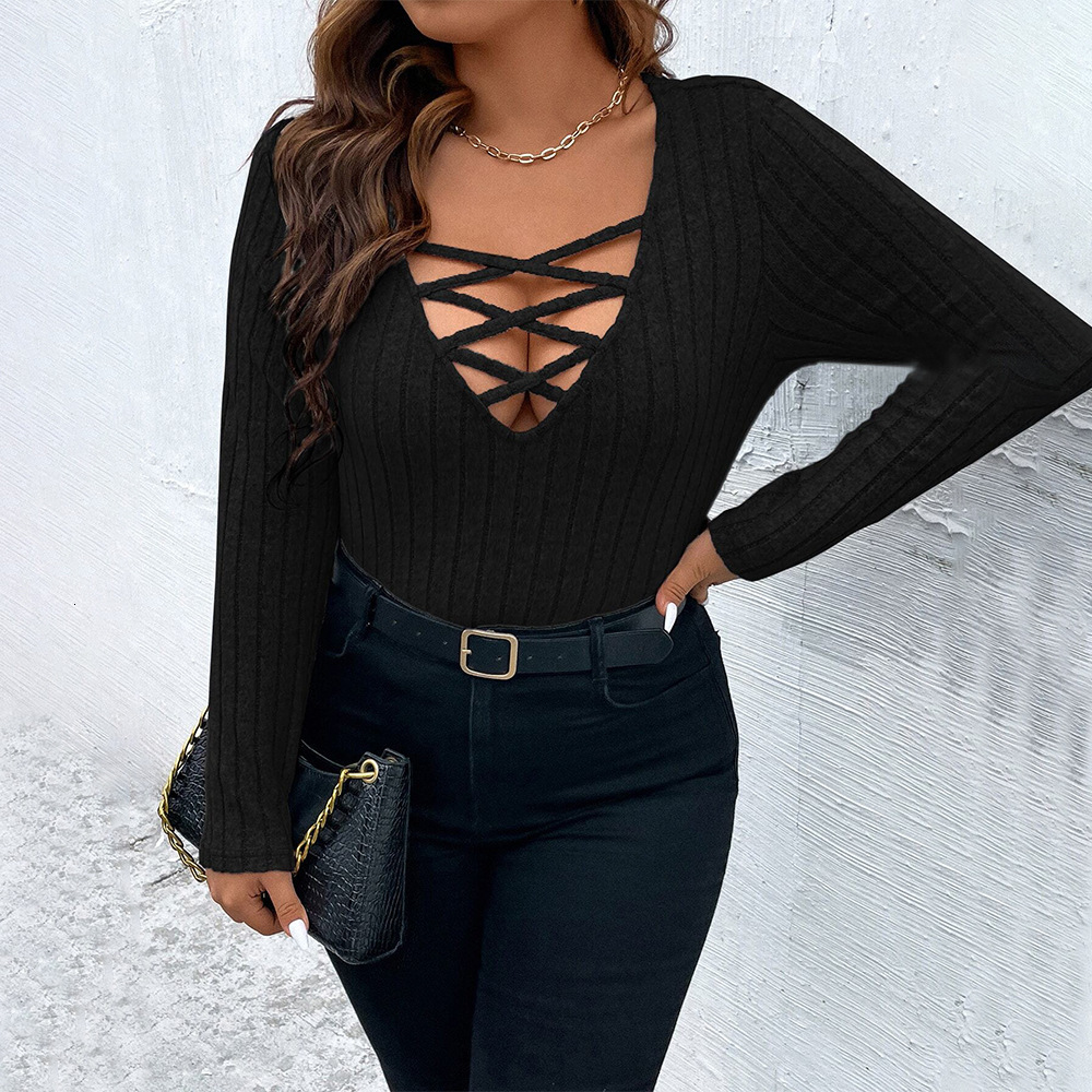 Oversized Womens V-neck Hollowed Out Sexy T-shirt for Autumn and Winter Slim Fit and Slimming with Long Sleeved Solid Color Top Inside