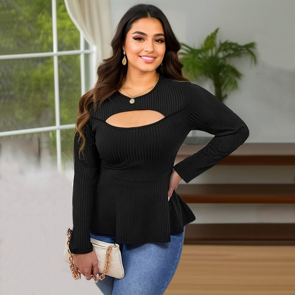 Autumn and Winter Plus Size Womens Round Neck Long Sleeved T-shirt Elegant Commuting Style Slim Fit Solid Color Waist Cinching Top