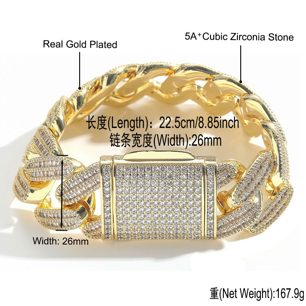 26mm Chunky Iced Out Baguette Cubic Zirconia Cuban Link Chain Bracelet For HimTrendy Brand Hip Hop Heavy Chain Mens Wolf Tide Streetwear Party Rapper 