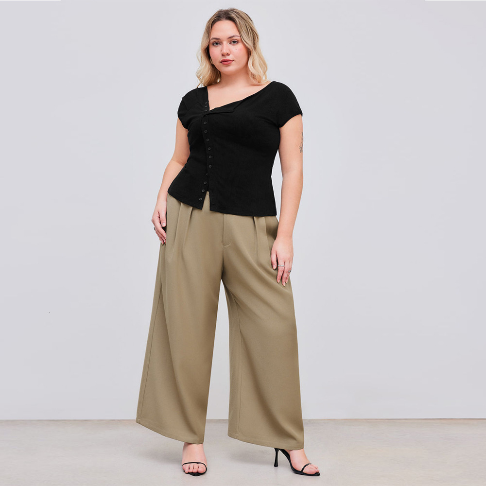 Plus Size Womens Slanted Neck T-shirt Summer New Single Breasted Slim Fit Shoulder Top