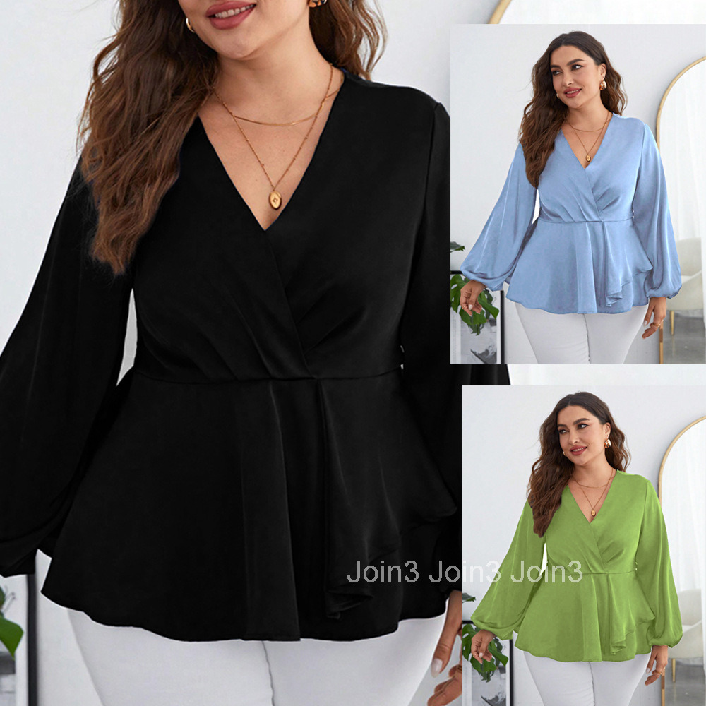 Large Size Womens Temperament Solid Color Chiffon Shirt with Waist Cinched Bubble Sleeves V-neck Long Sleeved Shirt Top