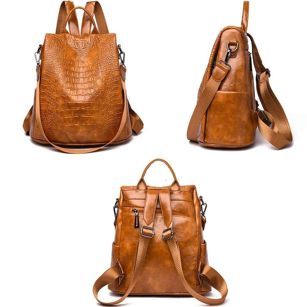 Female Crocodile Pattern Real Pu Leather Anti-Theft Backpack Travel Back Pack Women Shoulder Bags Sac A Dos Femme