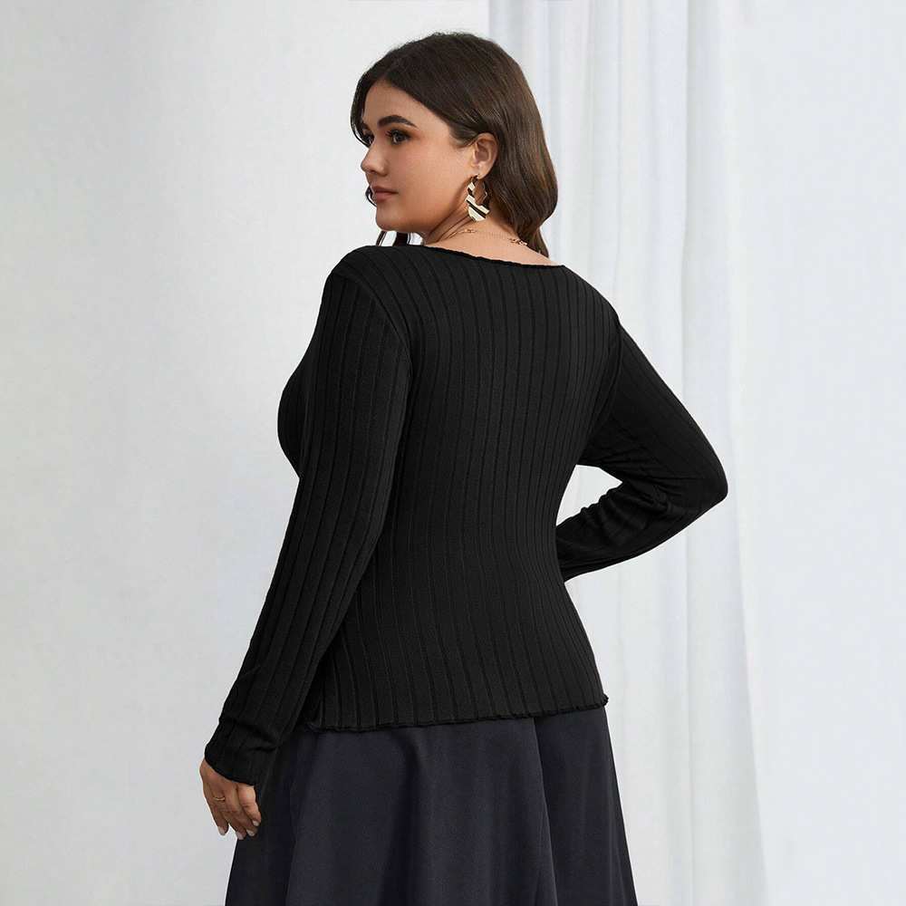 Plus Size Womens Elegant and Intellectual Style T-shirt Autumn and Winter Square Neck Slim Fit Long Sleeved Top