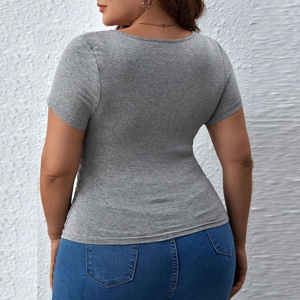 Plus Size Womens New Slim Fit V-neck Solid Color Short Sleeved T-shirt Womens Top Top