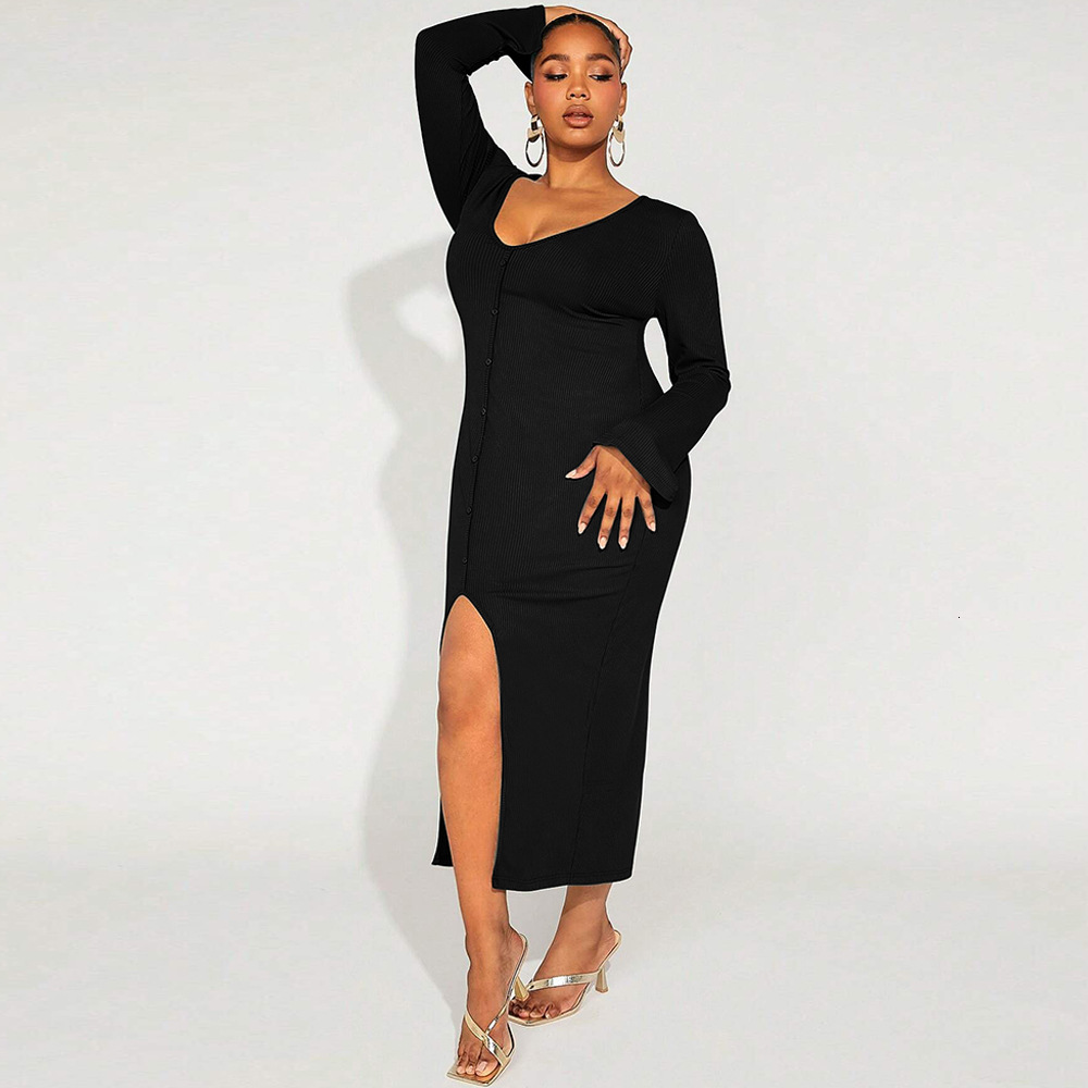 Large Size Womens Autumn and Winter New Sexy Slit V-neck Hip Hugging Long Sleeved French Dress