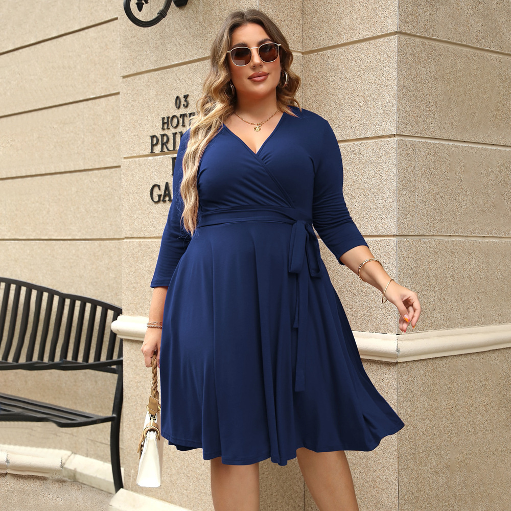 Large Size Womens V-neck Ruffle Edge Dress with Summer Temperament Elegant and Ladylike Style High Waisted A-line Skirt