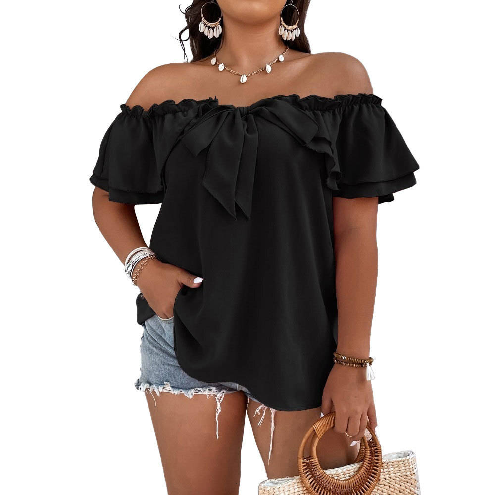 Large Womens Versatile Commuting T-shirt for Spring/summer 2025 New One Word Collar Bow Top