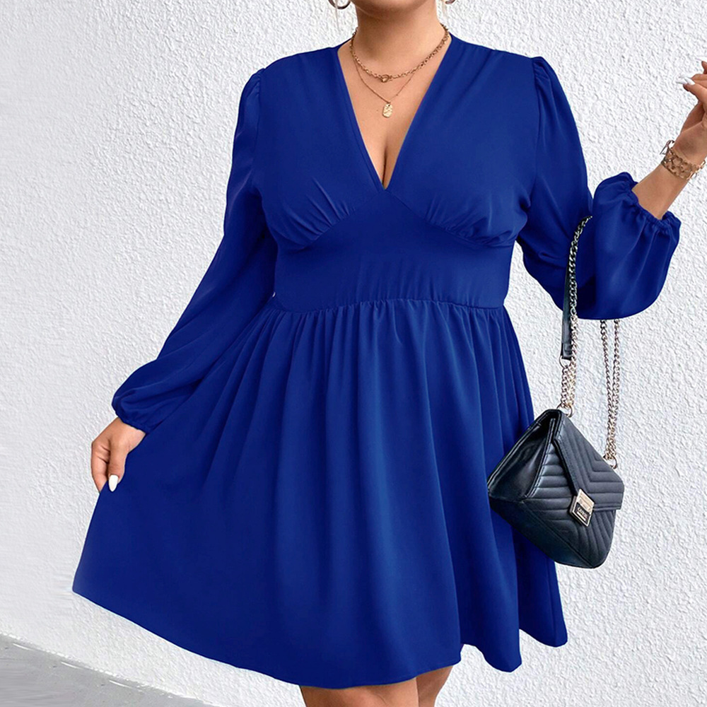 Large Size Womens Autumn and Winter New Sexy V-neck Waist Cinched Big Skirt Temperament Long Sleeved Dress