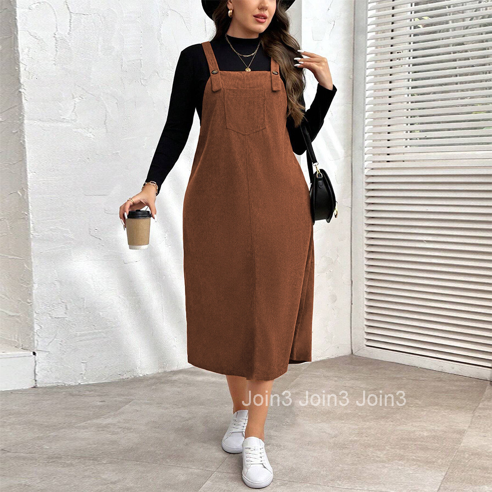 Plus Size Womens Lazy Style Shoulder Strap Skirt Autumn and Winter Loose Straight Waist Mid Length Dress