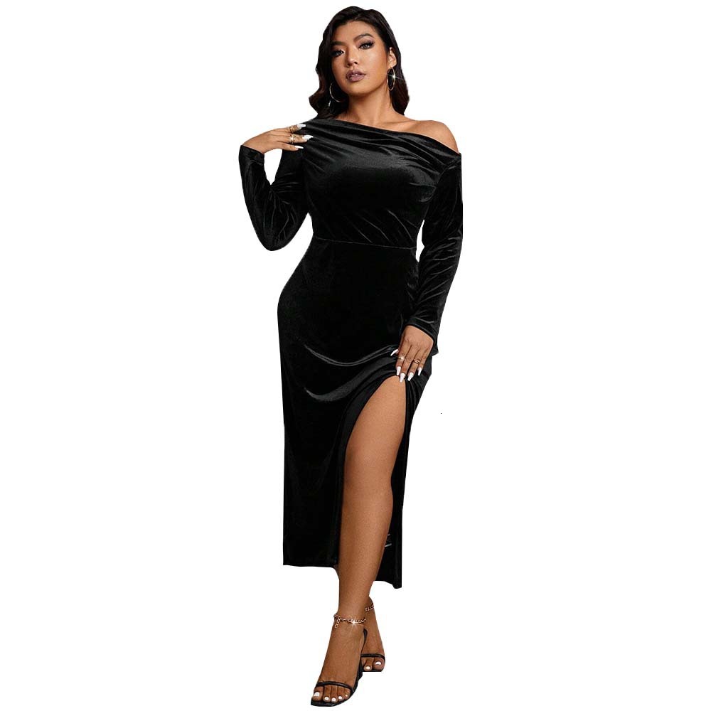 Large Size Womens French Socialite Style Dress Autumn and Winter One Neck Evening Gown Temperament Mid Length Skirt