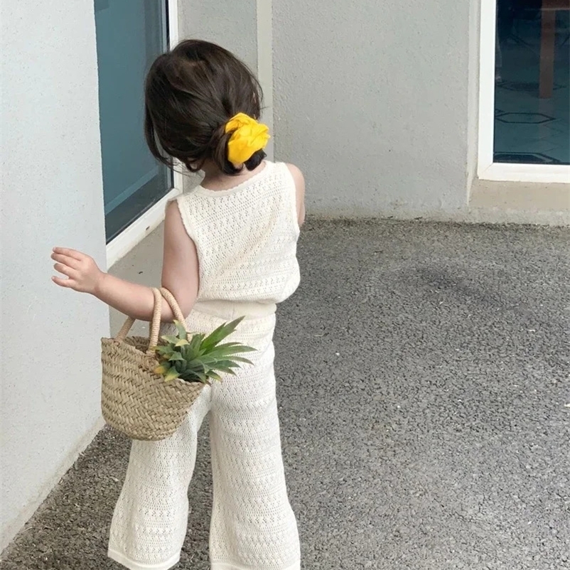 Girls Clothing Sets Summer Korean Thin Knitted Girl Set Children Hollow Breathable Vest Wide Leg Pants Two-piece Suit 250515